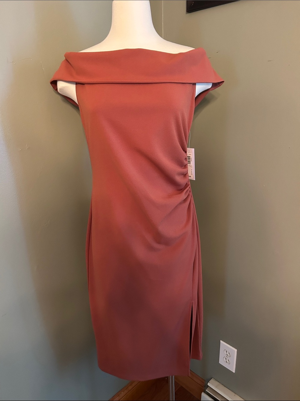 One-Shoulder Rust Sheath Dress with Side Gather